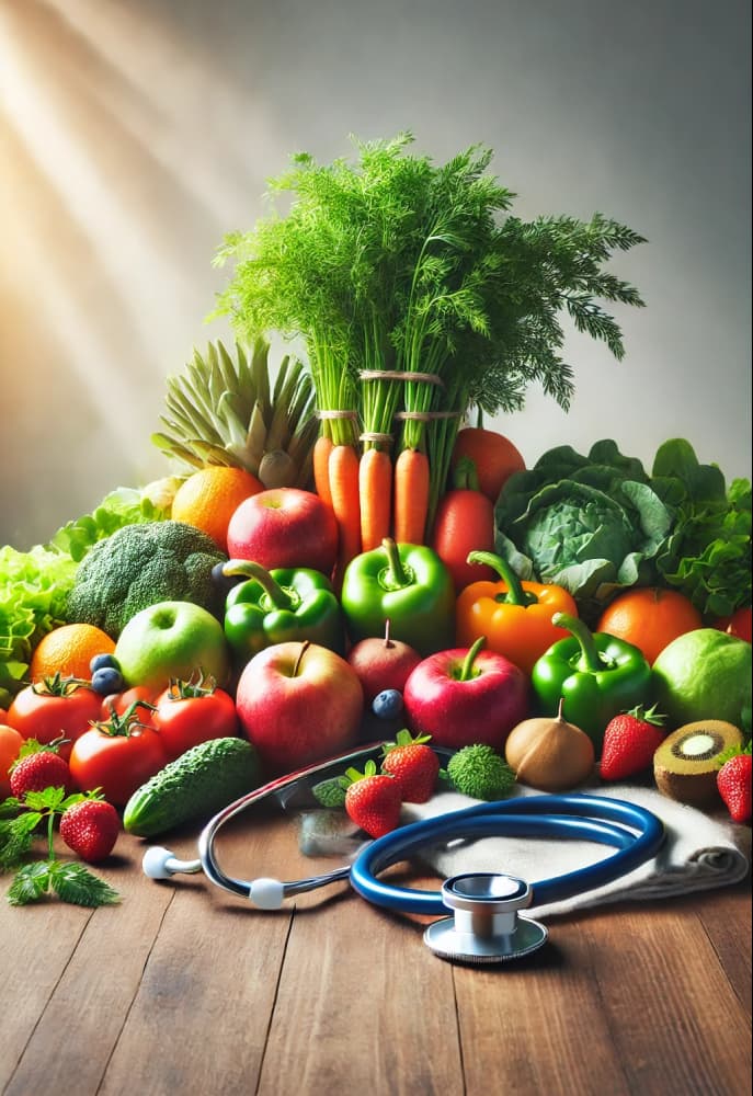 Orthomoleculaire Therapie Veldhoven. Verse groenten en fruit op een tafel met een stethoscoop, symboliserend de verbinding tussen voeding en gezondheid in de orthomoleculaire therapie.